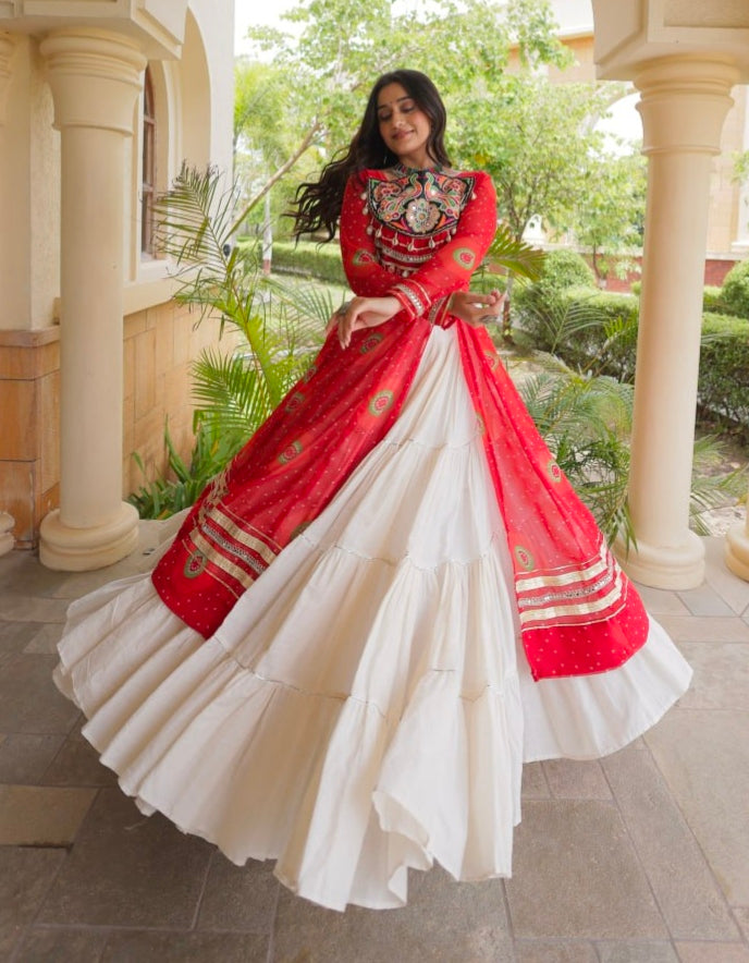 Red Pure Faux Georgette Bandhej Print with Kutchi Patchwork Navratri Gown