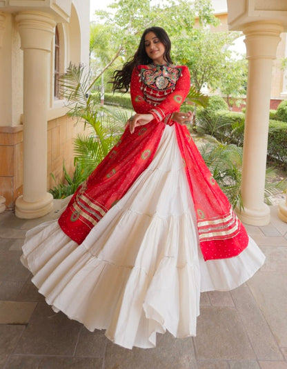 Red Pure Faux Georgette Bandhej Print with Kutchi Patchwork Navratri Gown