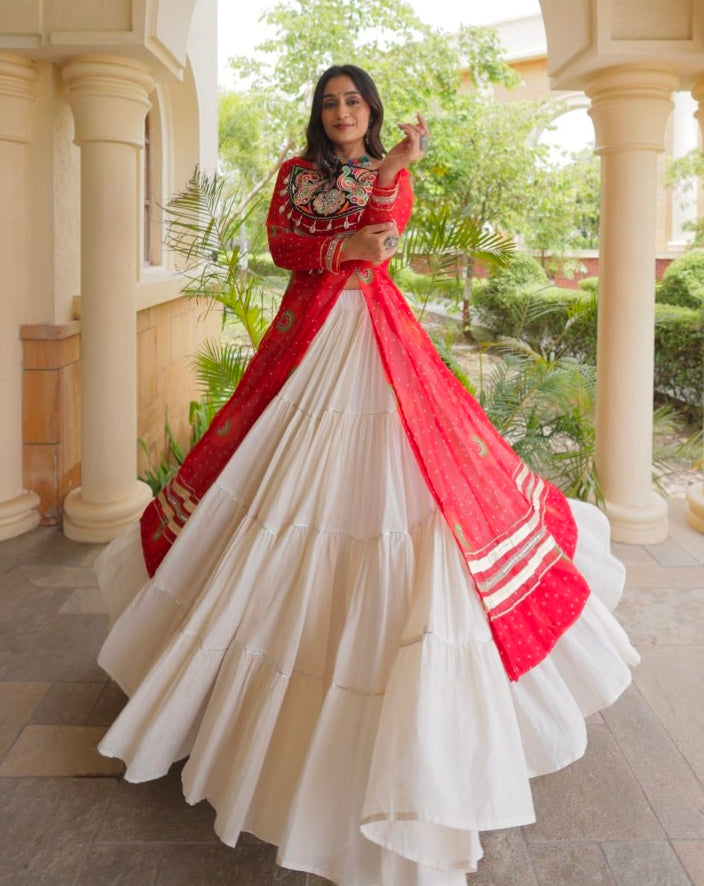 Red Pure Faux Georgette Bandhej Print with Kutchi Patchwork Navratri Gown