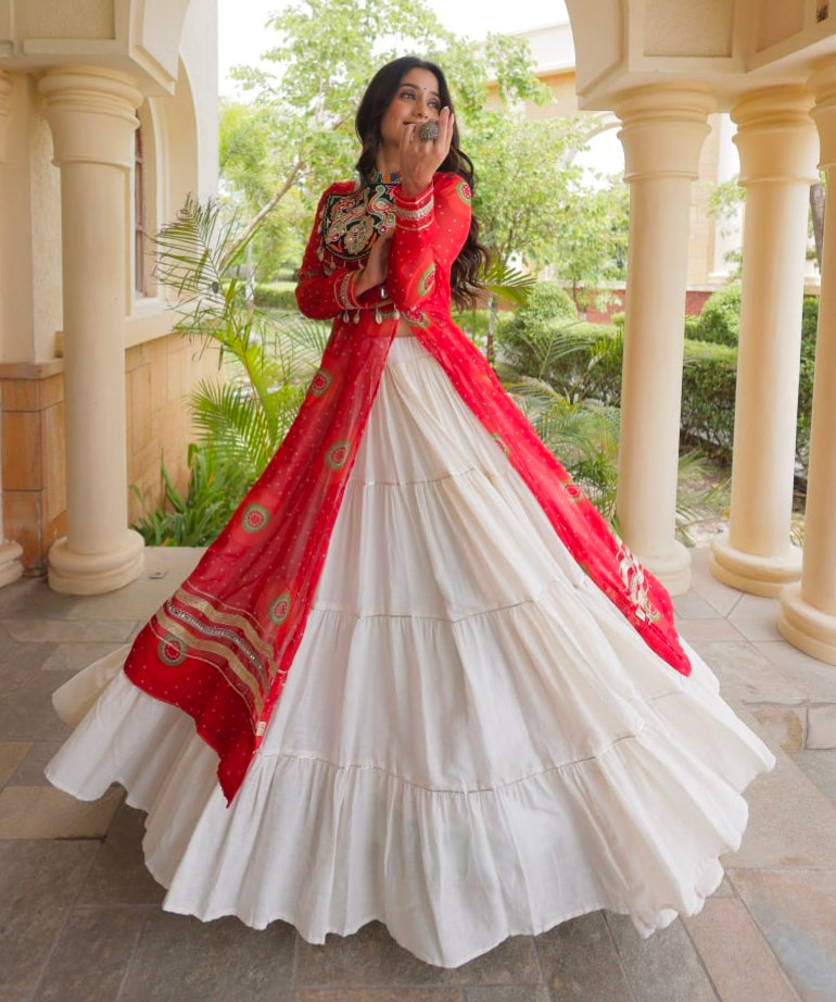 Red Pure Faux Georgette Bandhej Print with Kutchi Patchwork Navratri Gown