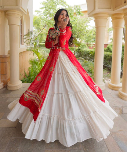 Red Pure Faux Georgette Bandhej Print with Kutchi Patchwork Navratri Gown