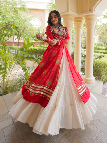 Red Pure Faux Georgette Bandhej Print with Kutchi Patchwork Navratri Gown
