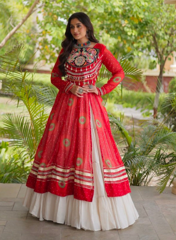Red Pure Faux Georgette Bandhej Print with Kutchi Patchwork Navratri Gown