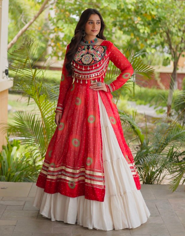 Red Pure Faux Georgette Bandhej Print with Kutchi Patchwork Navratri Gown