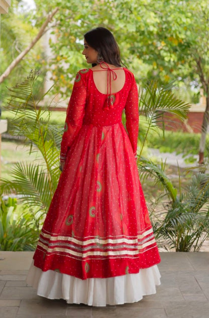 Red Pure Faux Georgette Bandhej Print with Kutchi Patchwork Navratri Gown