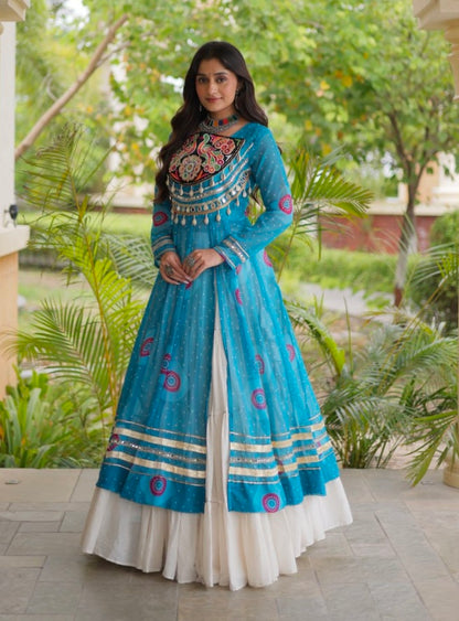 Sky Pure Faux Georgette Bandhej Print with Kutchi Patchwork Navratri Gown