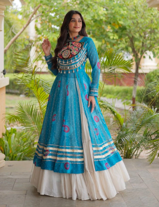 Sky Pure Faux Georgette Bandhej Print with Kutchi Patchwork Navratri Gown
