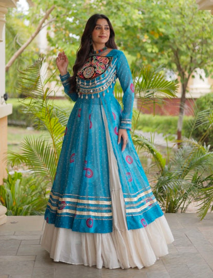 Sky Pure Faux Georgette Bandhej Print with Kutchi Patchwork Navratri Gown