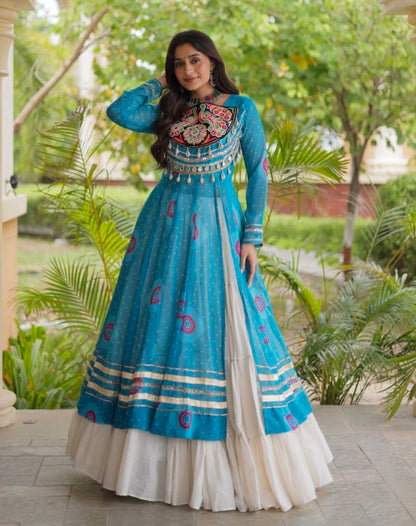 Sky Pure Faux Georgette Bandhej Print with Kutchi Patchwork Navratri Gown