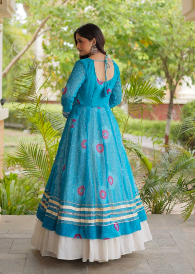 Sky Pure Faux Georgette Bandhej Print with Kutchi Patchwork Navratri Gown