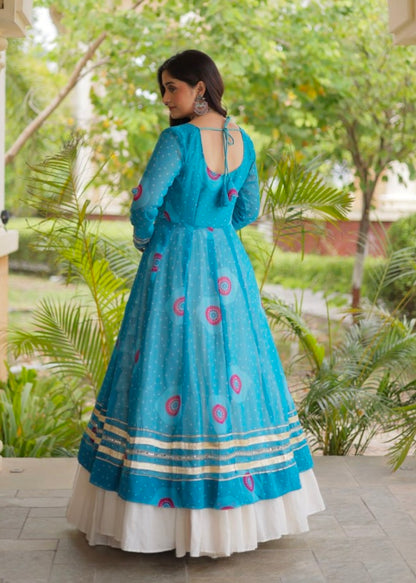 Sky Pure Faux Georgette Bandhej Print with Kutchi Patchwork Navratri Gown