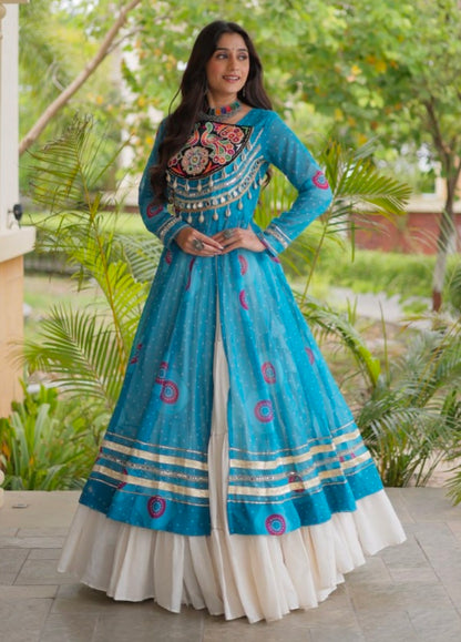 Sky Pure Faux Georgette Bandhej Print with Kutchi Patchwork Navratri Gown