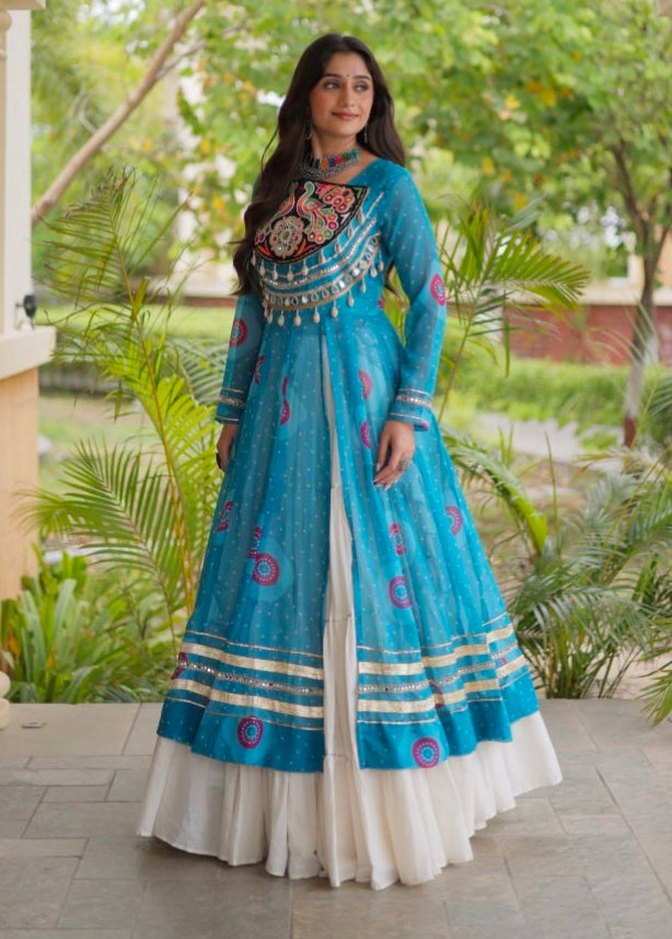 Sky Pure Faux Georgette Bandhej Print with Kutchi Patchwork Navratri Gown