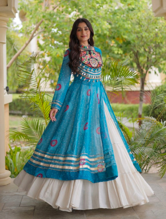 Sky Pure Faux Georgette Bandhej Print with Kutchi Patchwork Navratri Gown