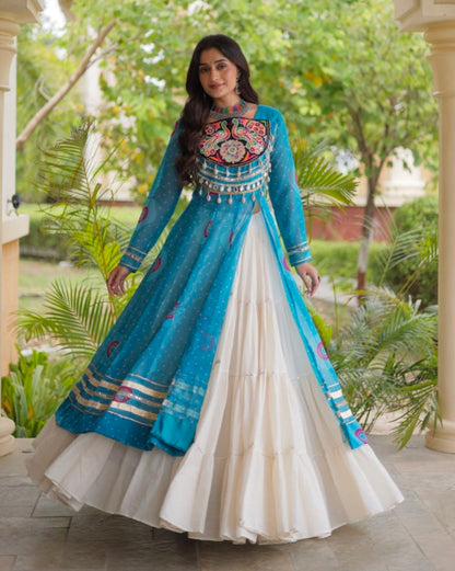 Sky Pure Faux Georgette Bandhej Print with Kutchi Patchwork Navratri Gown