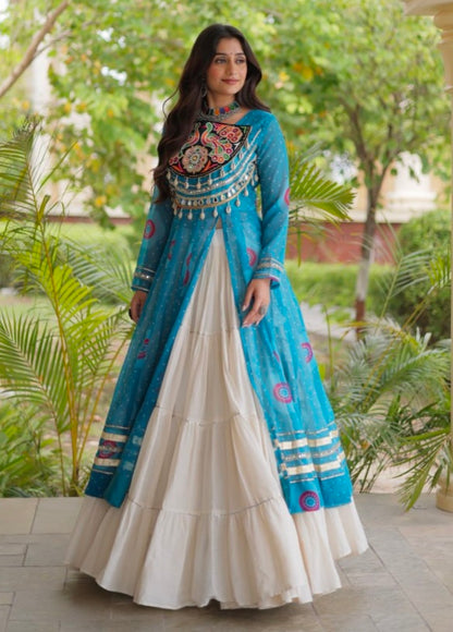 Sky Pure Faux Georgette Bandhej Print with Kutchi Patchwork Navratri Gown