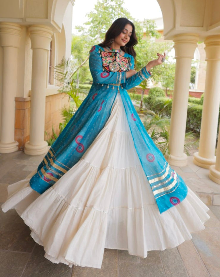 Sky Pure Faux Georgette Bandhej Print with Kutchi Patchwork Navratri Gown