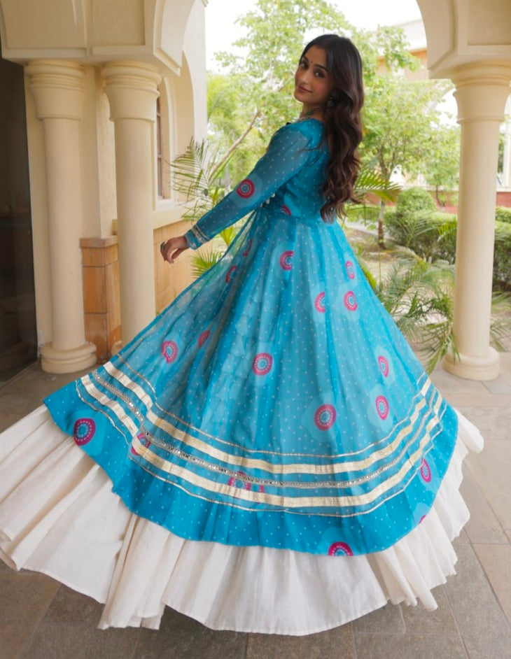 Sky Pure Faux Georgette Bandhej Print with Kutchi Patchwork Navratri Gown