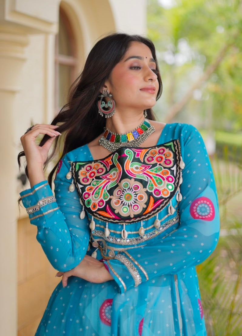 Sky Pure Faux Georgette Bandhej Print with Kutchi Patchwork Navratri Gown