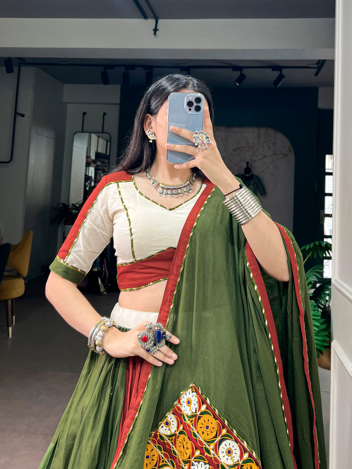 Multi Pure Cotton Silk Gamthi Work Navratri Lehenga Choli