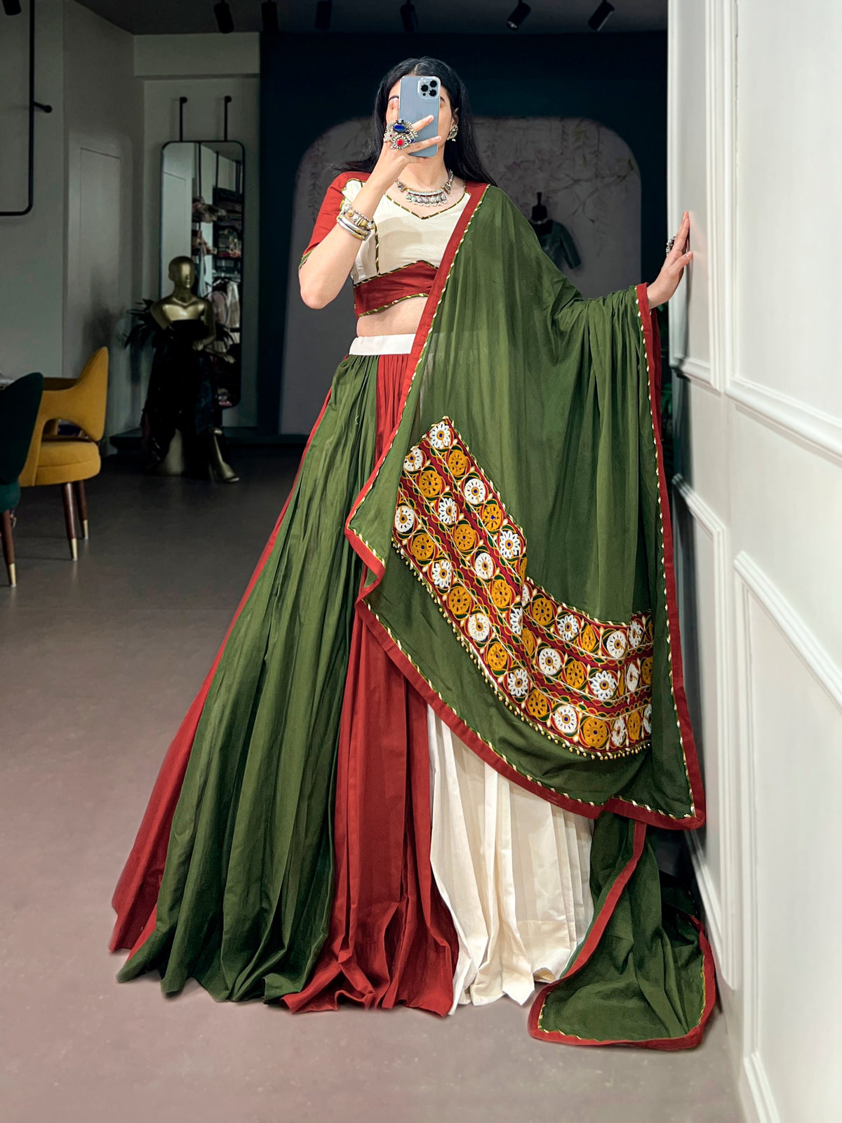 Multi Pure Cotton Silk Gamthi Work Navratri Lehenga Choli