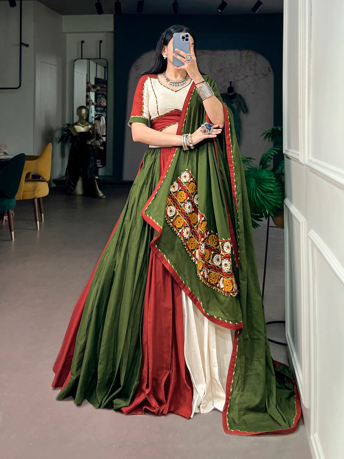 Multi Pure Cotton Silk Gamthi Work Navratri Lehenga Choli