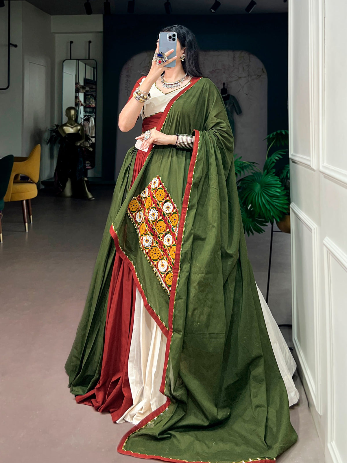 Multi Pure Cotton Silk Gamthi Work Navratri Lehenga Choli