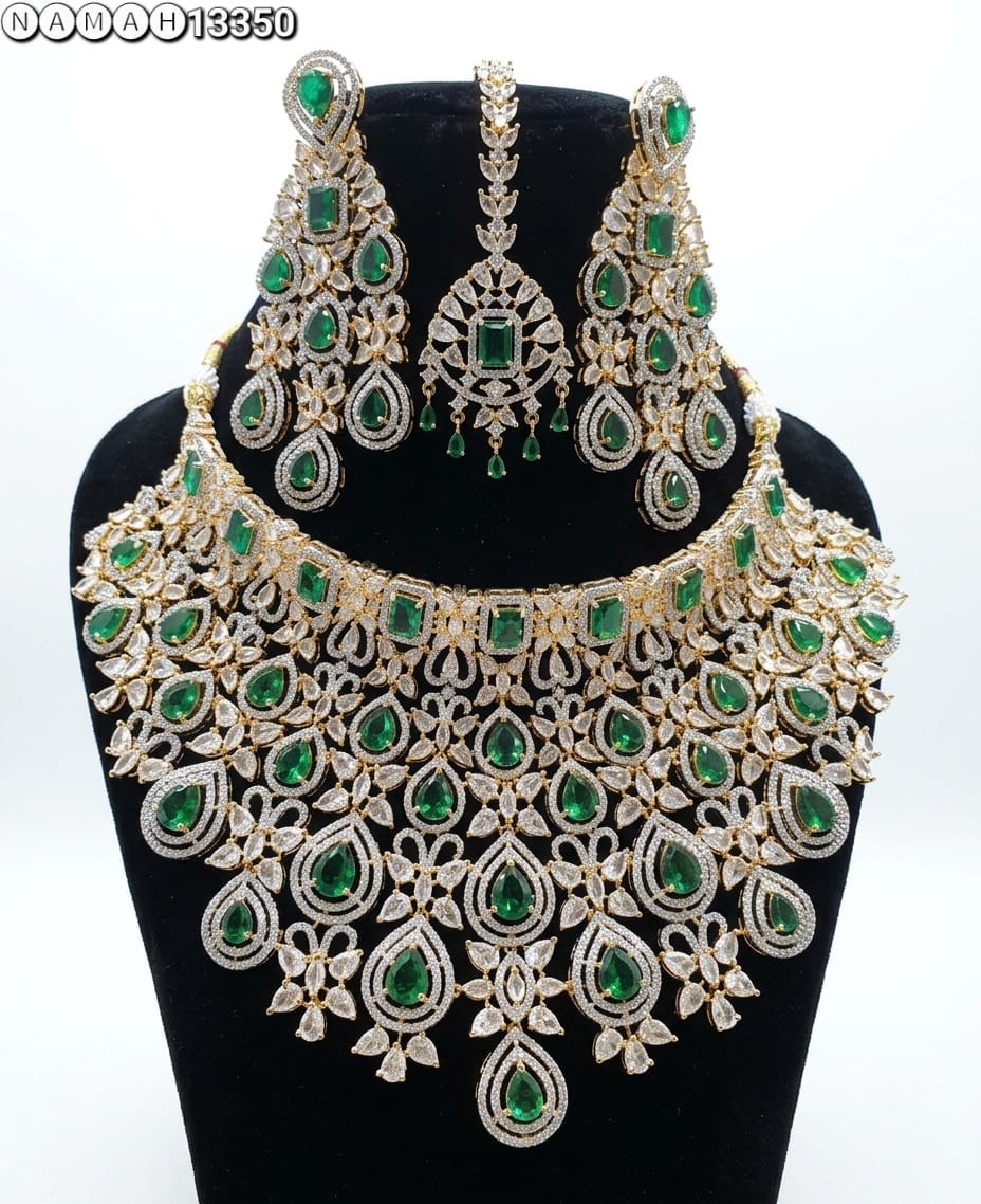 Green American Diamond Design Necklace Jewellery Set