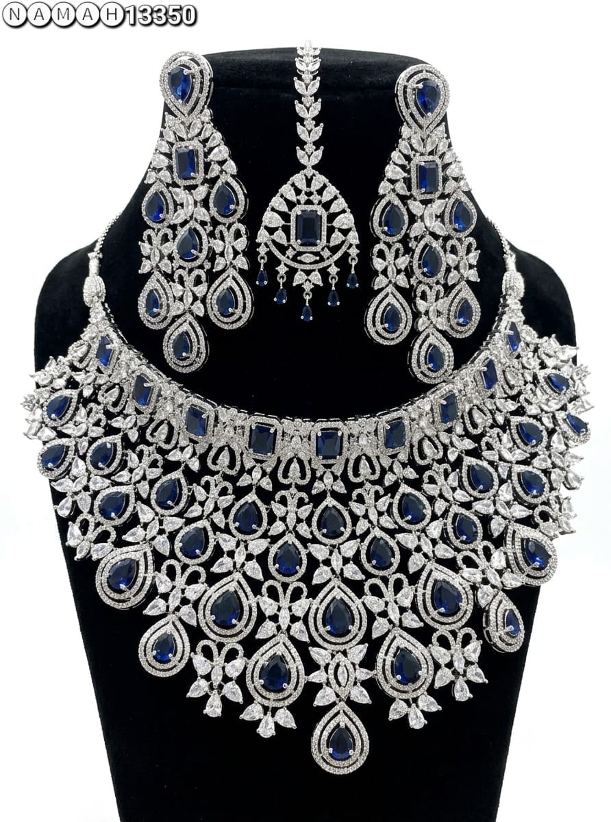 Blue American Diamond Design Necklace Jewellery Set