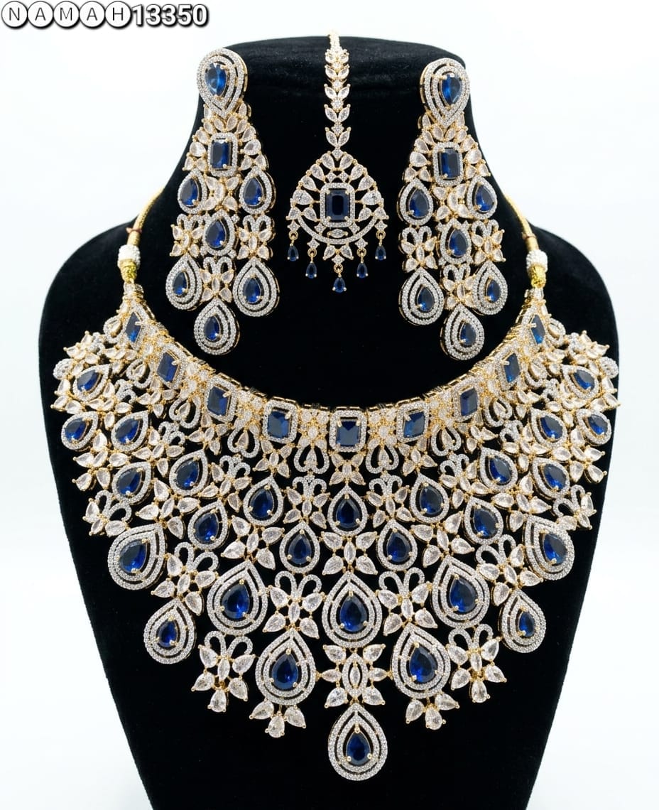 Blue American Diamond Design Necklace Jewellery Set
