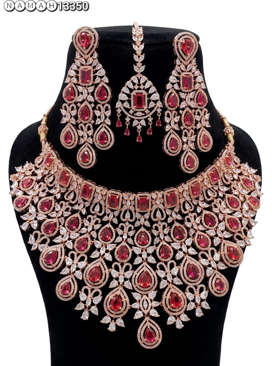 Red American Diamond Design Necklace Jewellery Set