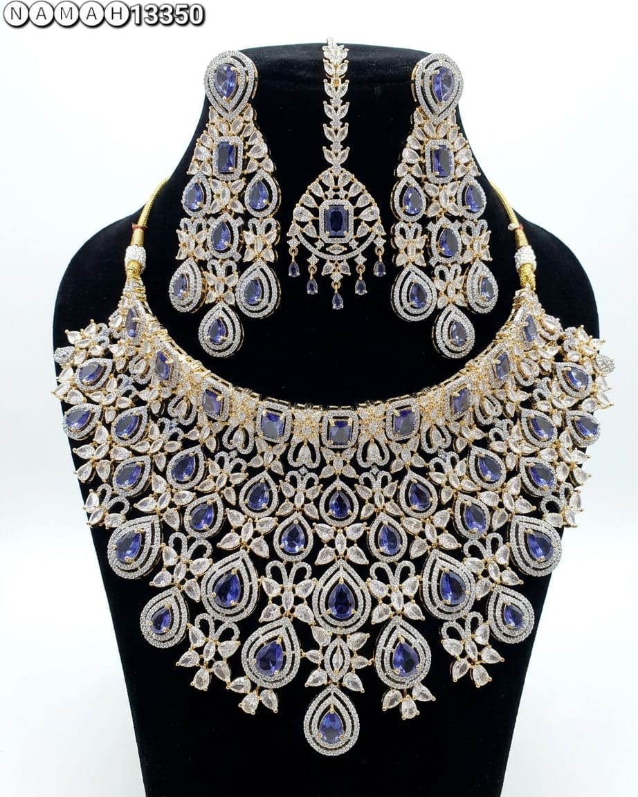 Blue American Diamond Design Necklace Jewellery Set