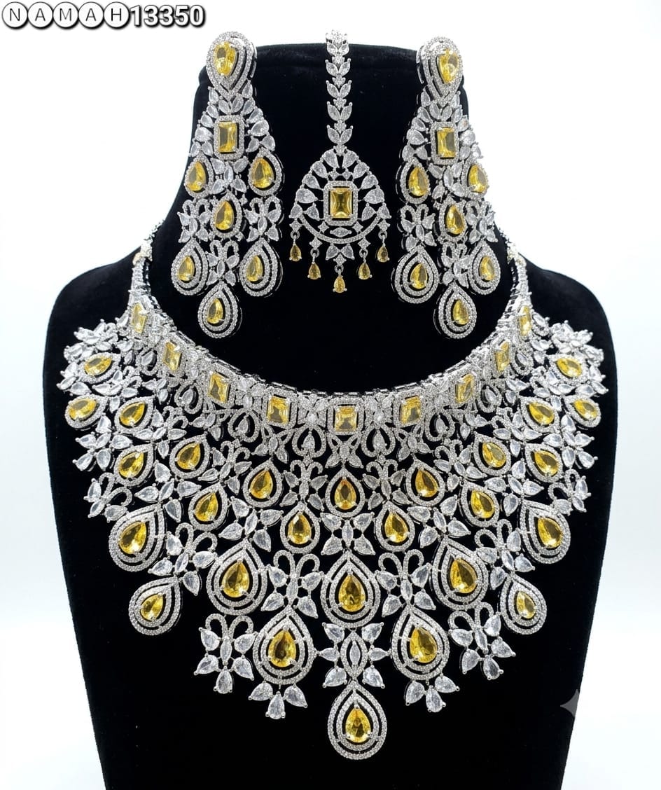 Yellow American Diamond Design Necklace Jewellery Set