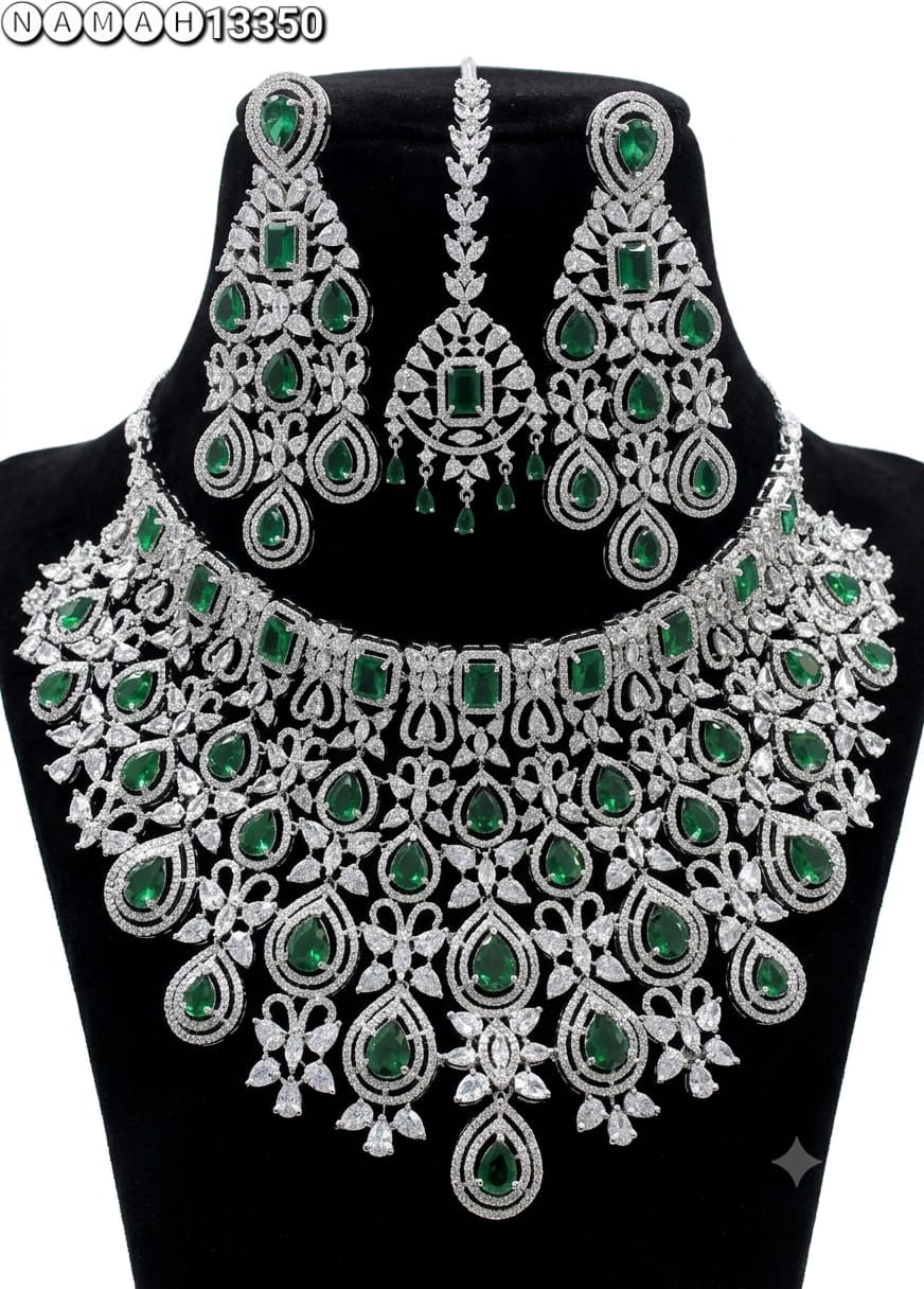 Green American Diamond Design Necklace Jewellery Set