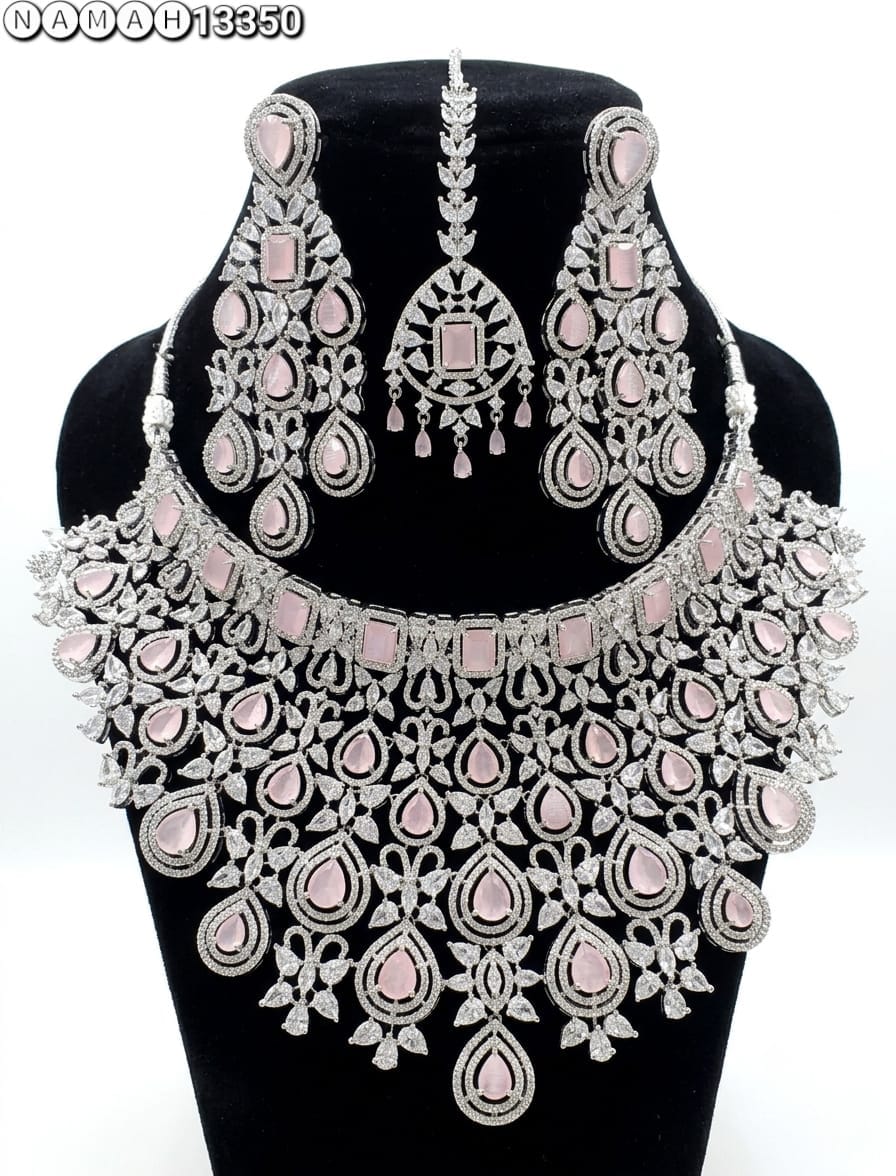 Baby Pink American Diamond Design Necklace Jewellery Set