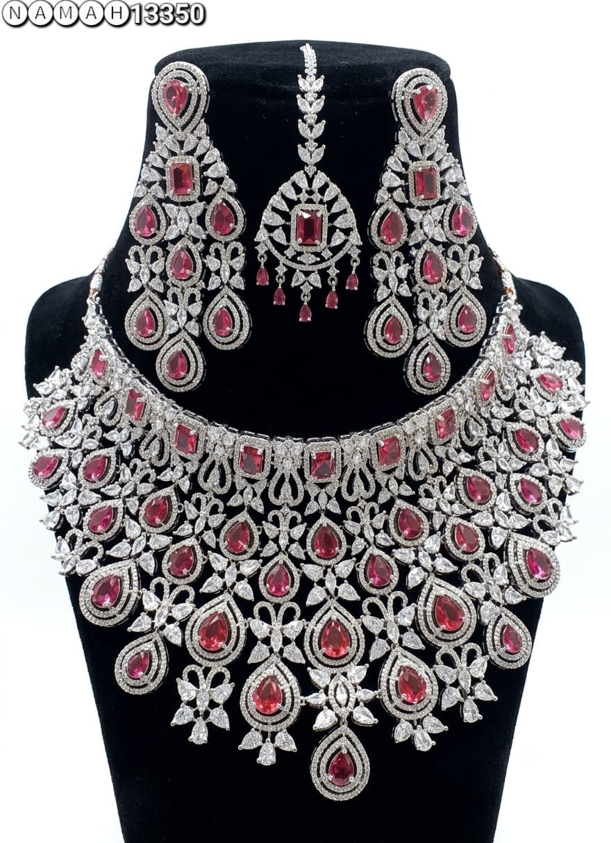 Red American Diamond Design Necklace Jewellery Set