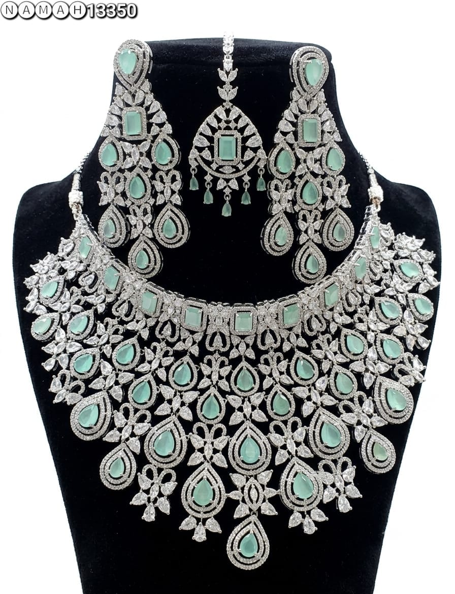 Mint Green American Diamond Design Necklace Jewellery Set