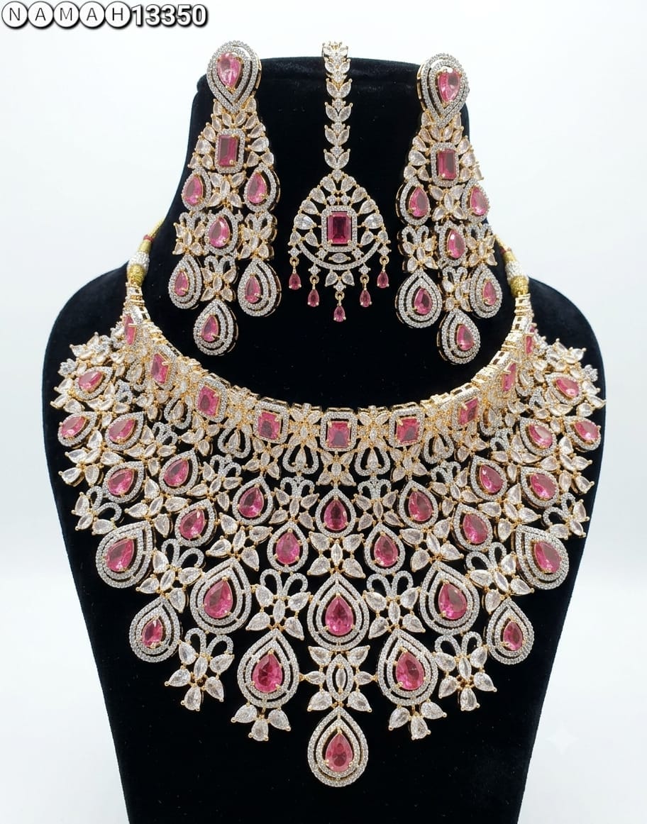 Pink White American Diamond Design Necklace Jewellery Set