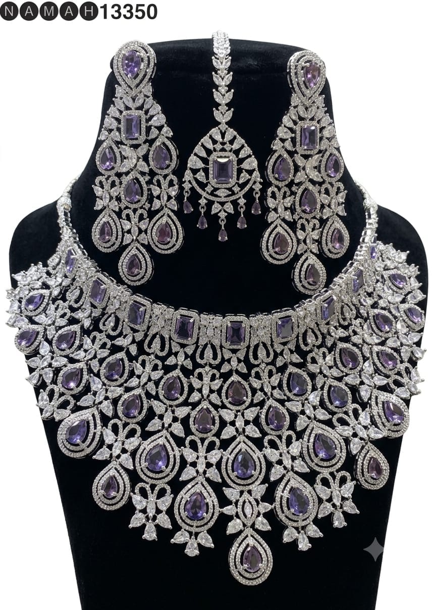 Blue White American Diamond Design Necklace Jewellery Set