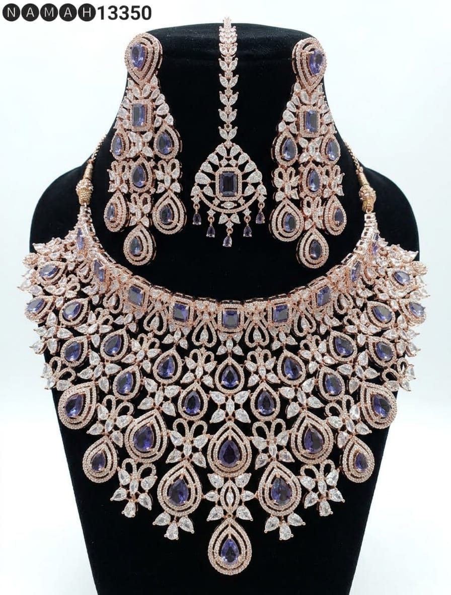 Blue American Diamond Design Necklace Jewellery Set