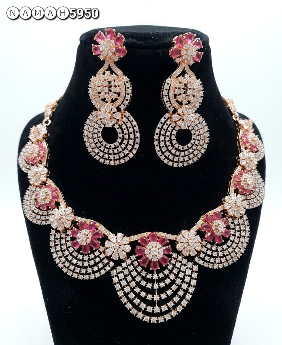 Red American Diamond Design Necklace Jewellery Set