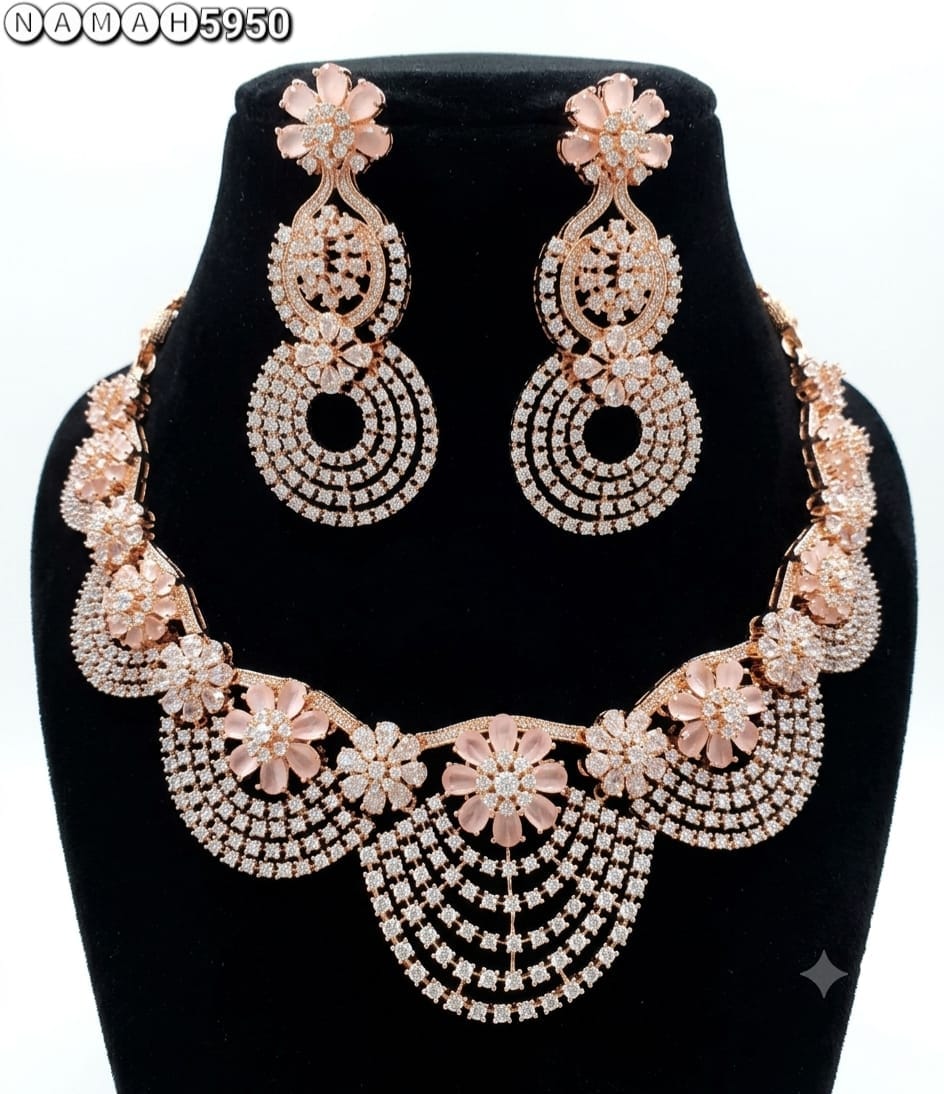 Pink American Diamond Design Necklace Jewellery Set