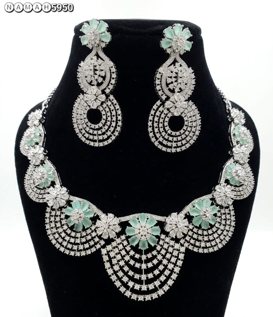 Mint Green American Diamond Design Necklace Jewellery Set
