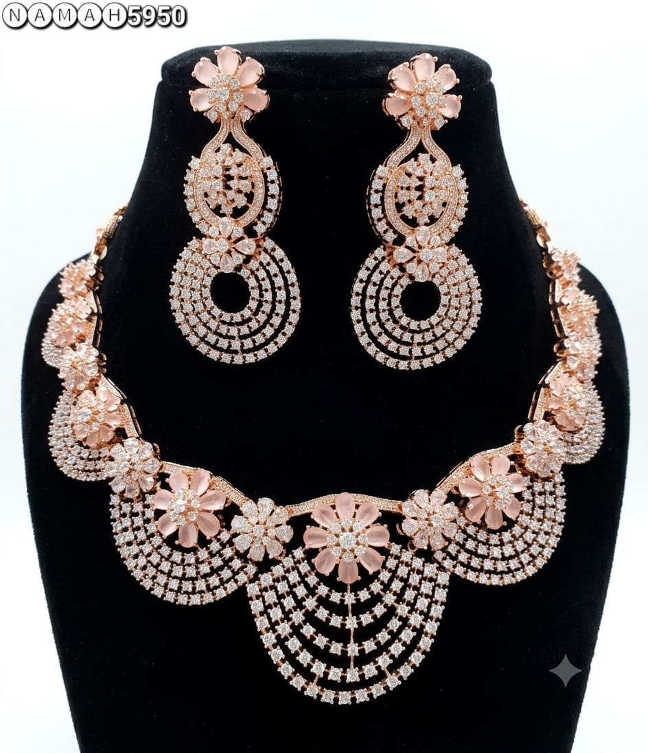 Pink American Diamond Design Necklace Jewellery Set