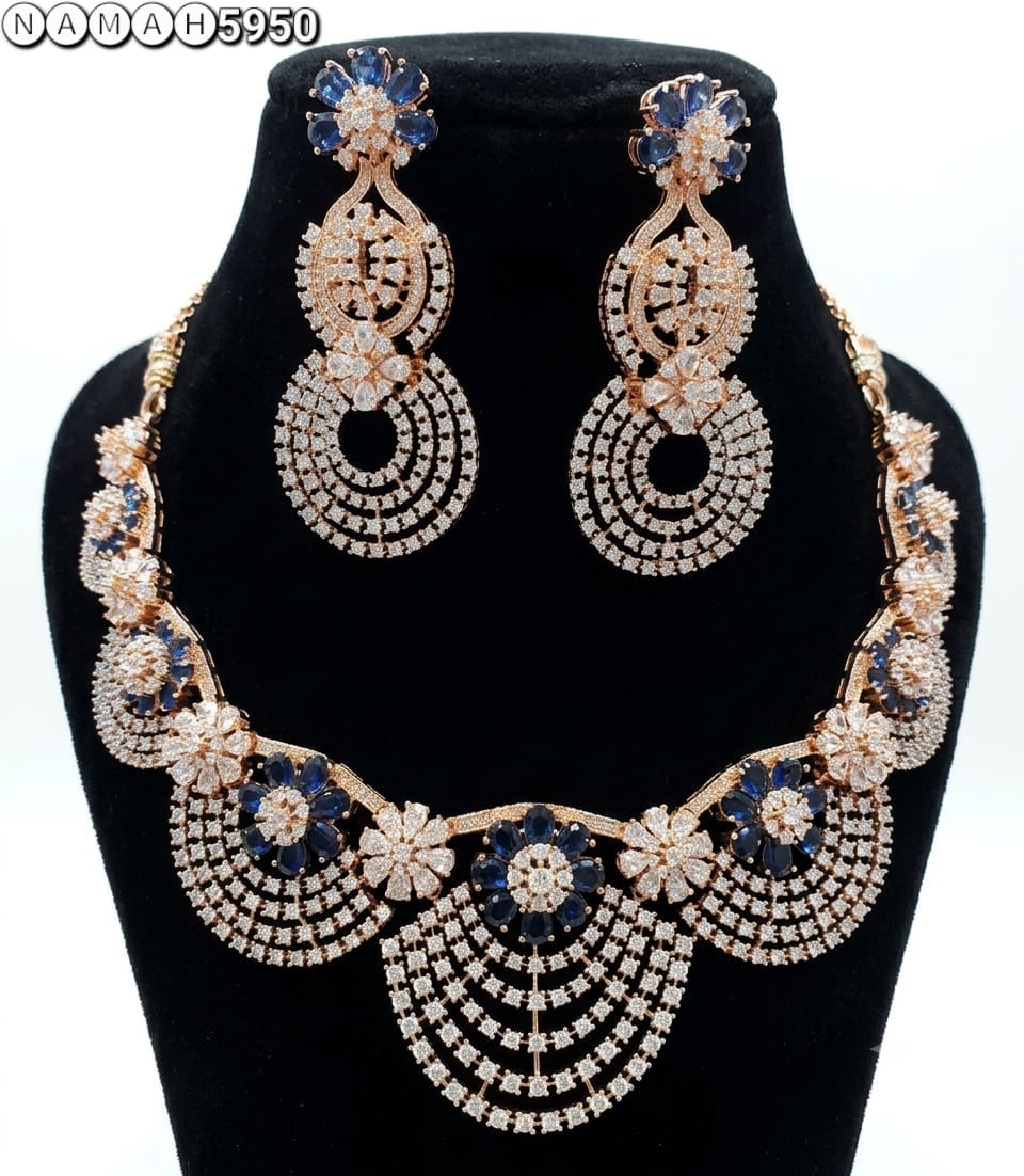 Blue American Diamond Design Necklace Jewellery Set