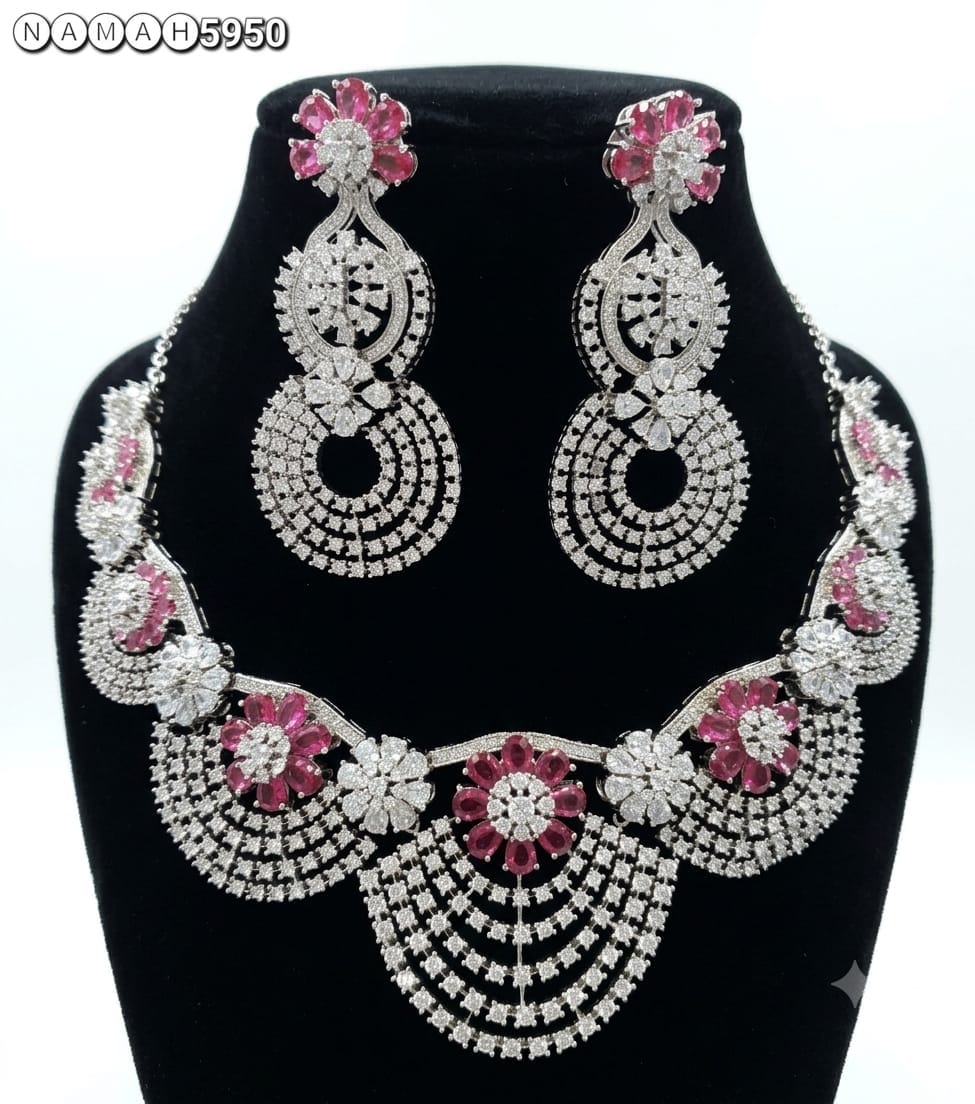 Red American Diamond Design Necklace Jewellery Set