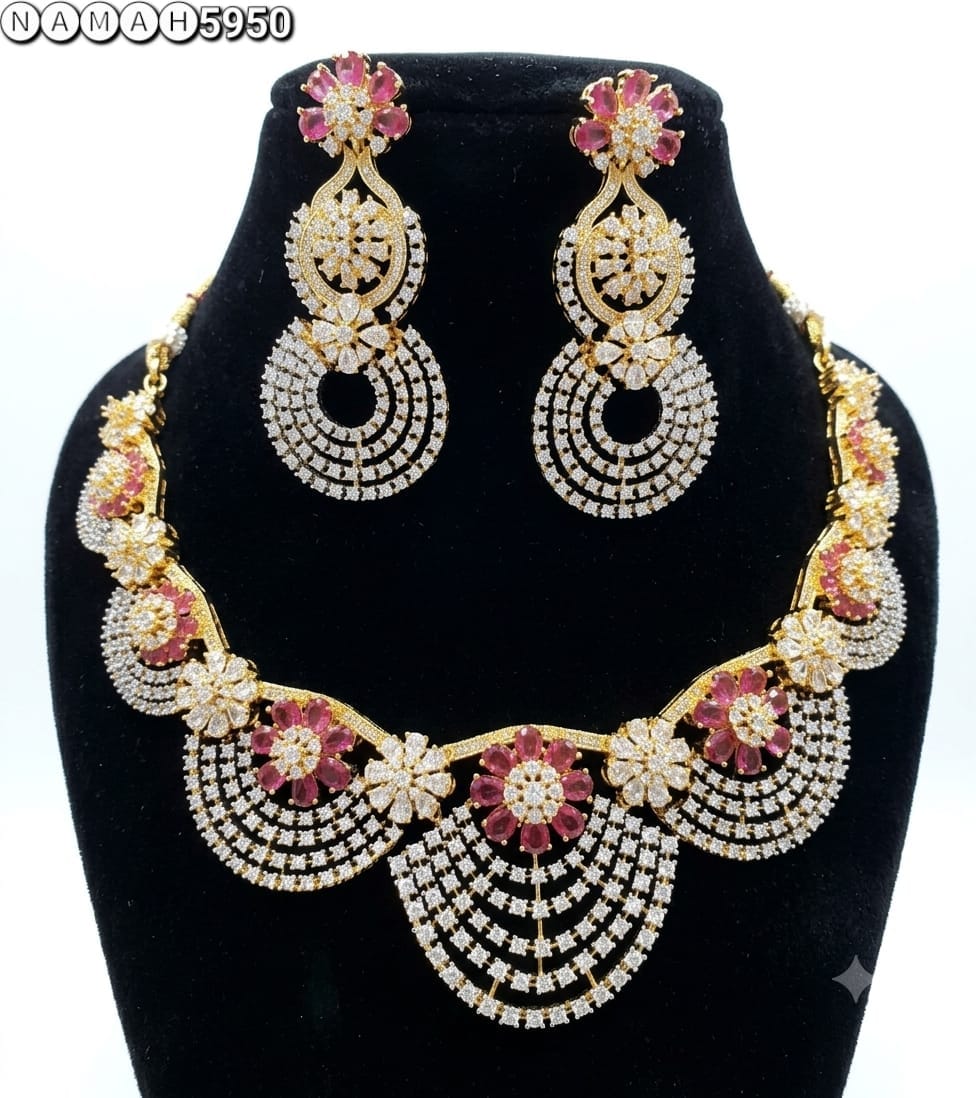 Red American Diamond Design Necklace Jewellery Set