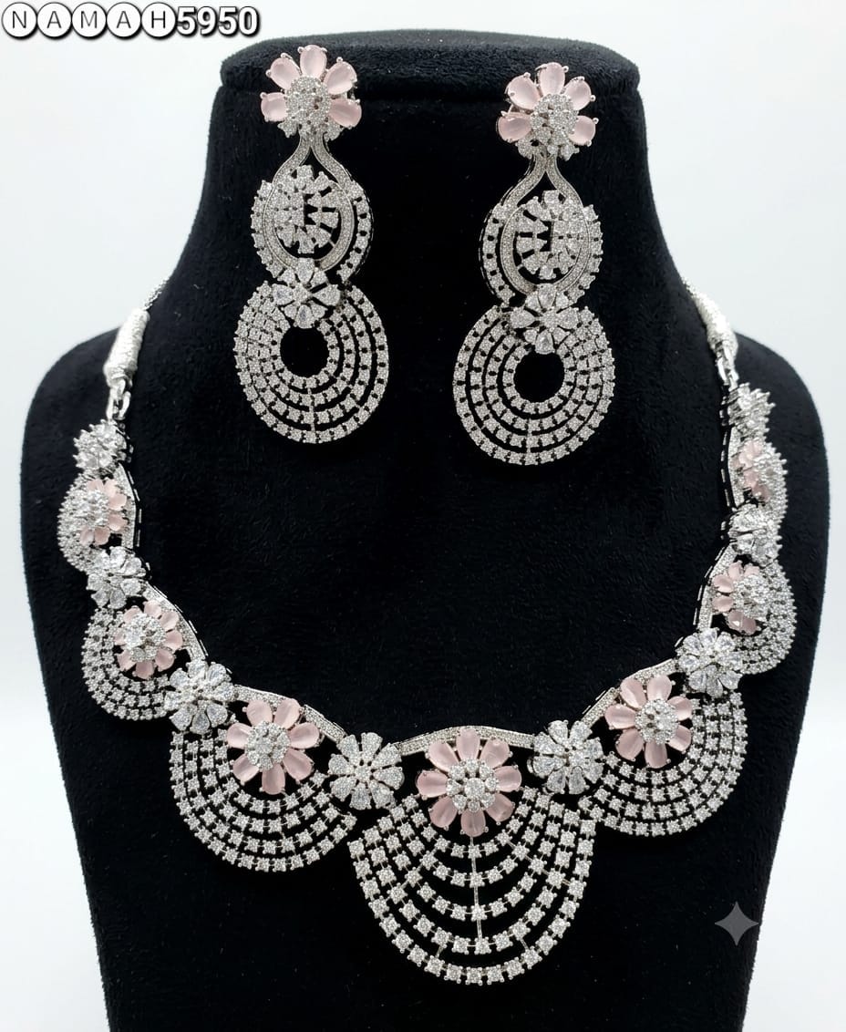 Pink American Diamond Design Necklace Jewellery Set
