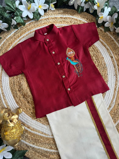 Maroon Onam Wear Kids Shirt Mundu Set with Maggam Work Kid&