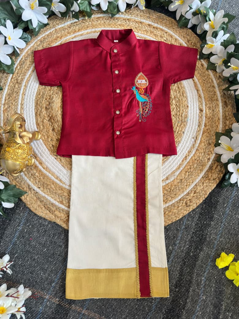 Maroon Onam Wear Kids Shirt Mundu Set with Maggam Work Kid&
